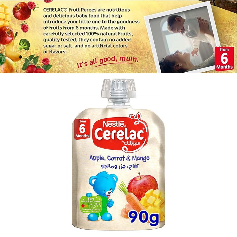Nestle Cerelac Fruits Puree Pouch With Apple, Carrot & Mango For Babies From 6 Months, 16 x 90g, Pack of 16's