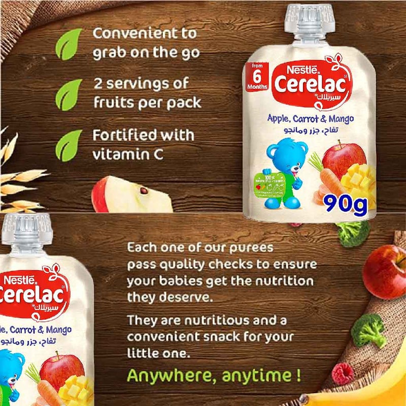 Nestle Cerelac Fruits Puree Pouch With Apple, Carrot & Mango For Babies From 6 Months, 16 x 90g, Pack of 16's