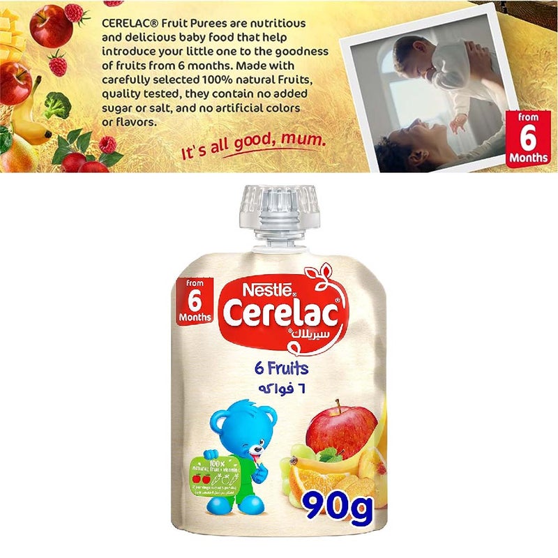 Nestle Cerelac Fruits Puree Pouch With 6 Fruits For Babies From 6 Months, 16 x 90g, Pack of 16's