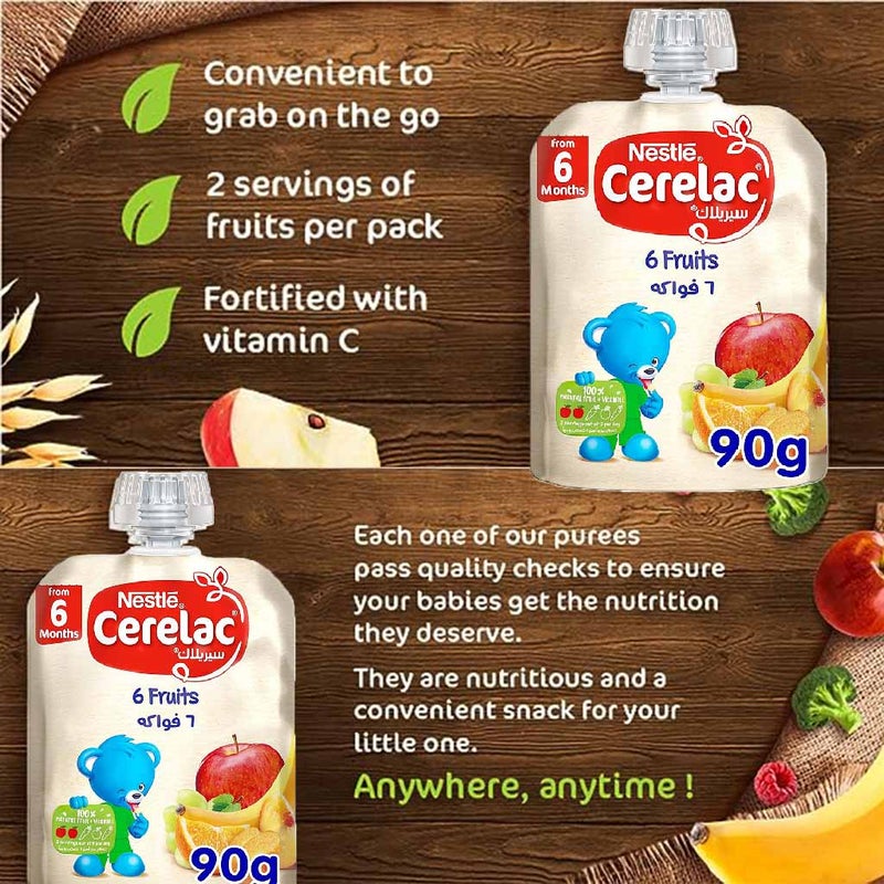 Nestle Cerelac Fruits Puree Pouch With 6 Fruits For Babies From 6 Months, 16 x 90g, Pack of 16's