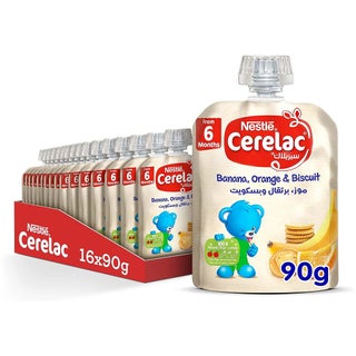 Nestle Cerelac Fruits Puree Pouch With Banana, Orange & Biscuit For Babies From 6 Months, 16 x 90g, Pack of 16's