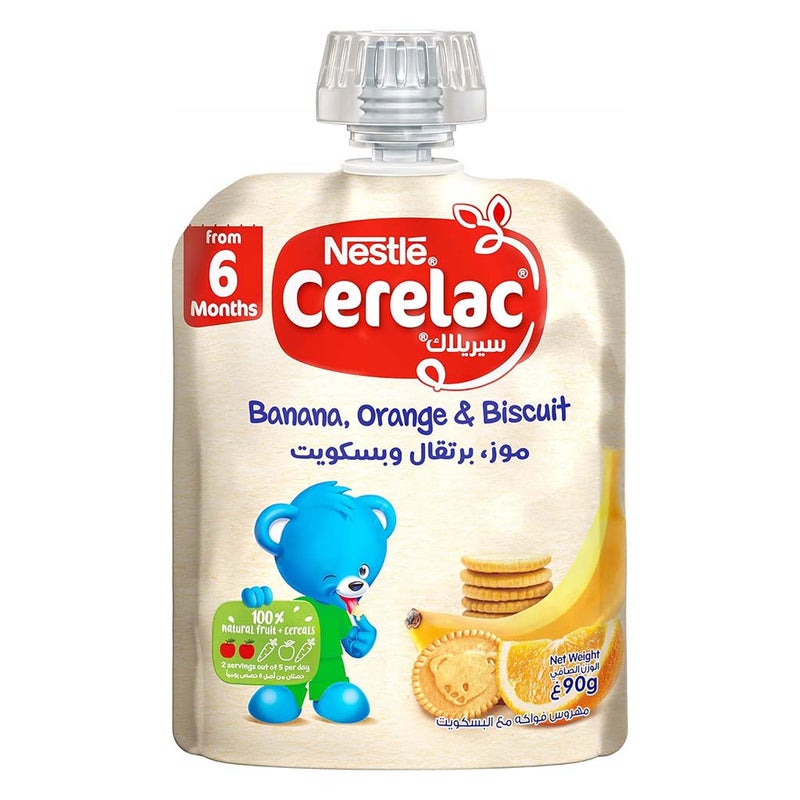 Nestle Cerelac Fruits Puree Pouch With Banana, Orange & Biscuit For Babies From 6 Months, 16 x 90g, Pack of 16's