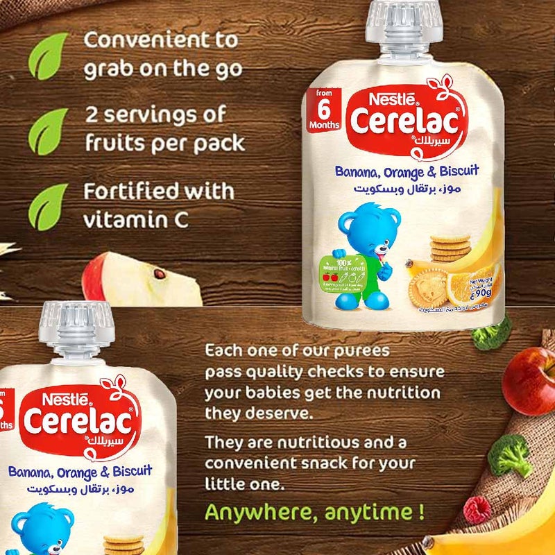 Nestle Cerelac Fruits Puree Pouch With Banana, Orange & Biscuit For Babies From 6 Months, 16 x 90g, Pack of 16's