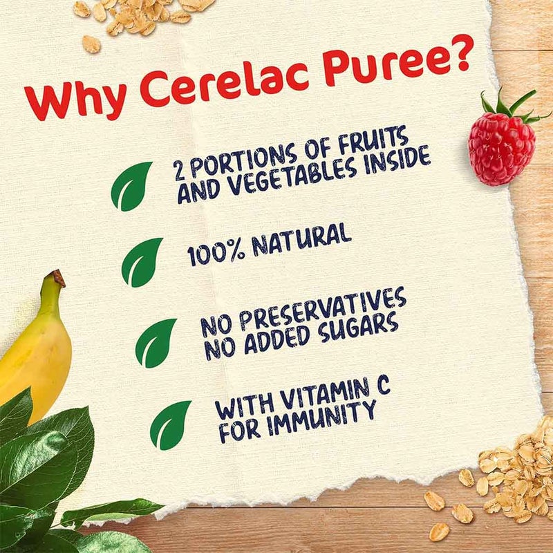 Nestle Cerelac Fruits Puree Pouch With Raspberry, Pear, Banana & Oats For Babies From 6 Months, 16 x 90g, Pack of 16's