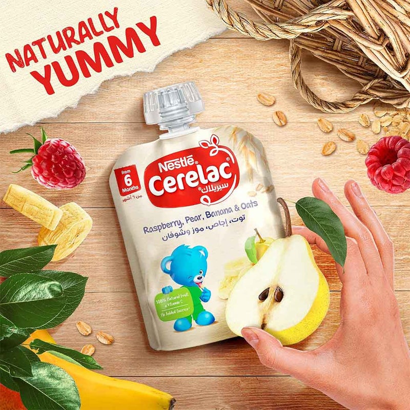Nestle Cerelac Fruits Puree Pouch With Raspberry, Pear, Banana & Oats For Babies From 6 Months, 16 x 90g, Pack of 16's
