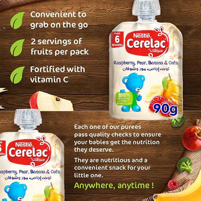 Nestle Cerelac Fruits Puree Pouch With Raspberry, Pear, Banana & Oats For Babies From 6 Months, 16 x 90g, Pack of 16's