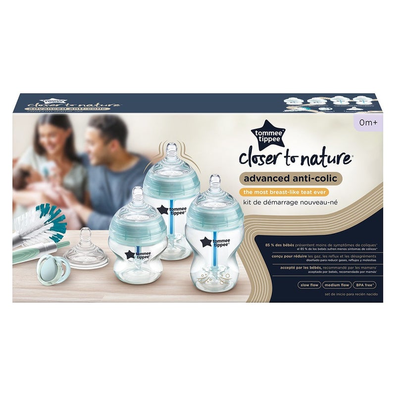 Tommee Tippee Closer To Nature Advanced Anti Colic Valve Baby Feeding Bottle Kit For 0+ Months - Mixed Sizes, Blue Color Starter Kit