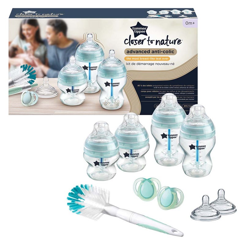 Tommee Tippee Closer To Nature Advanced Anti Colic Valve Baby Feeding Bottle Kit For 0+ Months - Mixed Sizes, Blue Color Starter Kit