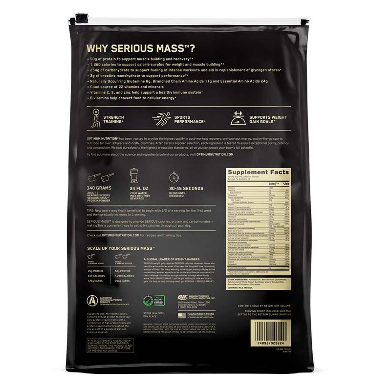 Optimum Nutrition Serious Mass Protein Powder, Vanilla Flavor, 12lb