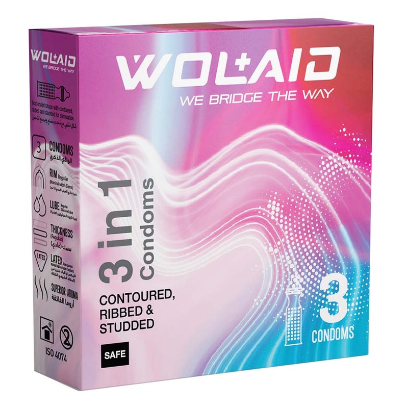Wolaid 3 in 1 Contoured, Ribbed And Studded Condoms, Pack of 3's