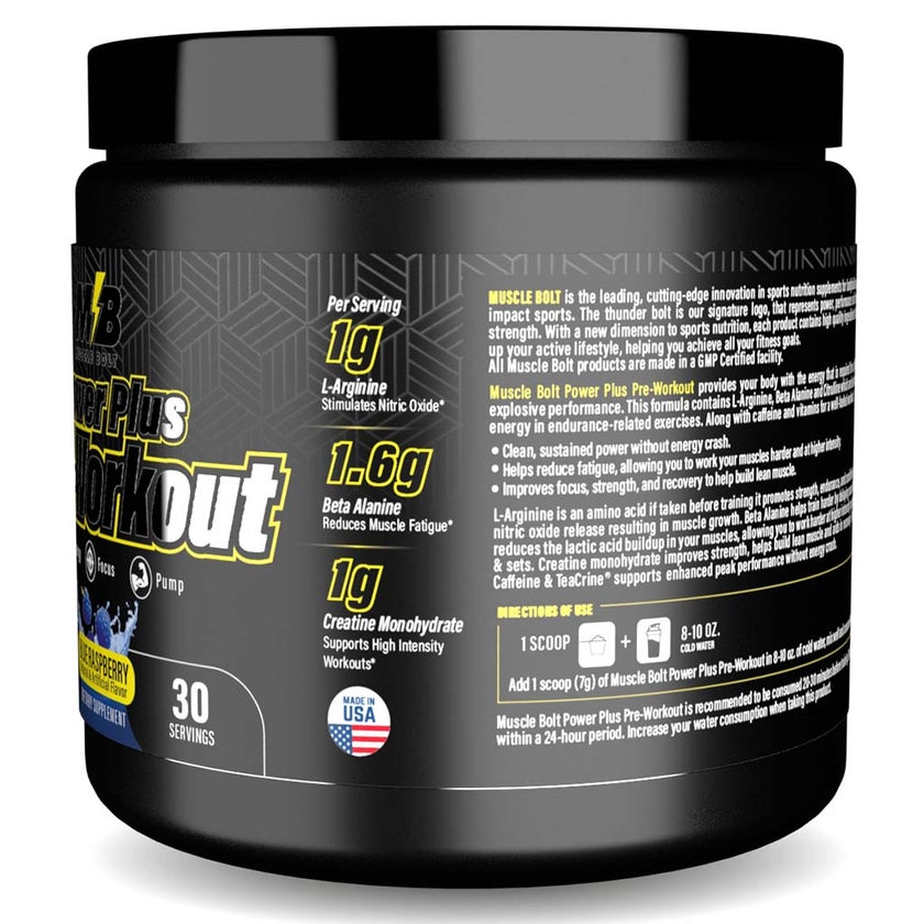 Muscle Bolt Power Plus Pre-Workout Supplement Powder With L- Arginine, Beta Alanine & Creatine Monohydrate - Blue Raspberry 210g