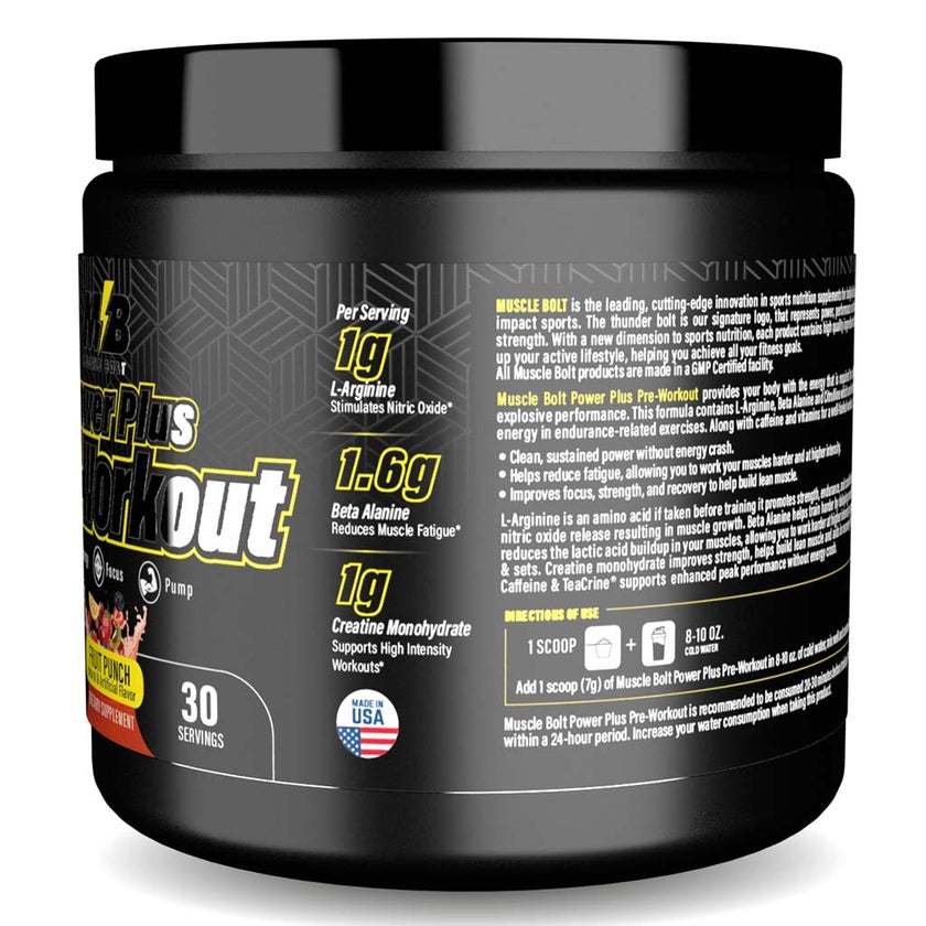 Muscle Bolt Power Plus Pre-Workout Supplement Powder With L- Arginine, Beta Alanine & Creatine Monohydrate - Fruit Punch 210g