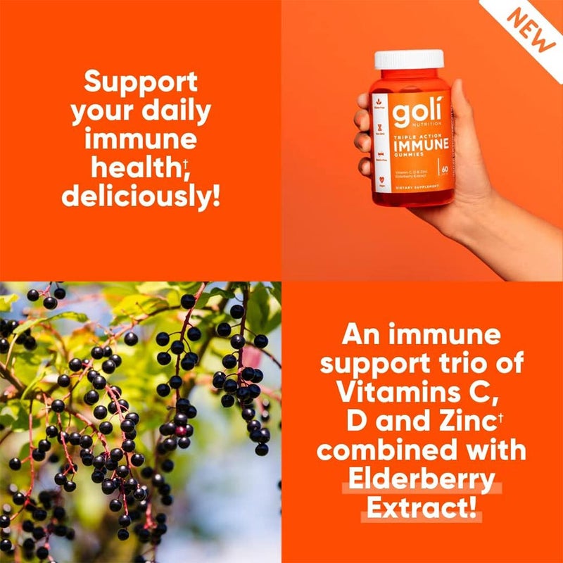 Goli Nutrition Triple Action Immune Gummies With Multivitamins, Zinc & Elderberry, Immunity Support For Adults, Pack of 60's