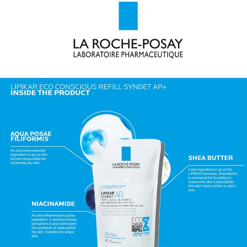 La Roche-Posay Lipikar Syndet AP+ Anti-Irritation & Anti-Scratching Cream Wash, Eco-Conscious Refill Pack 400ml