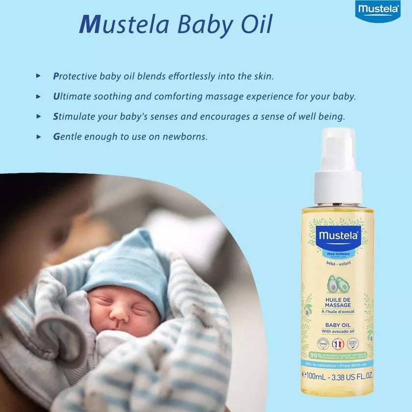 Mustela Baby Massage Oil With Avocado 2 x 100ml, Promo Pack of 2's