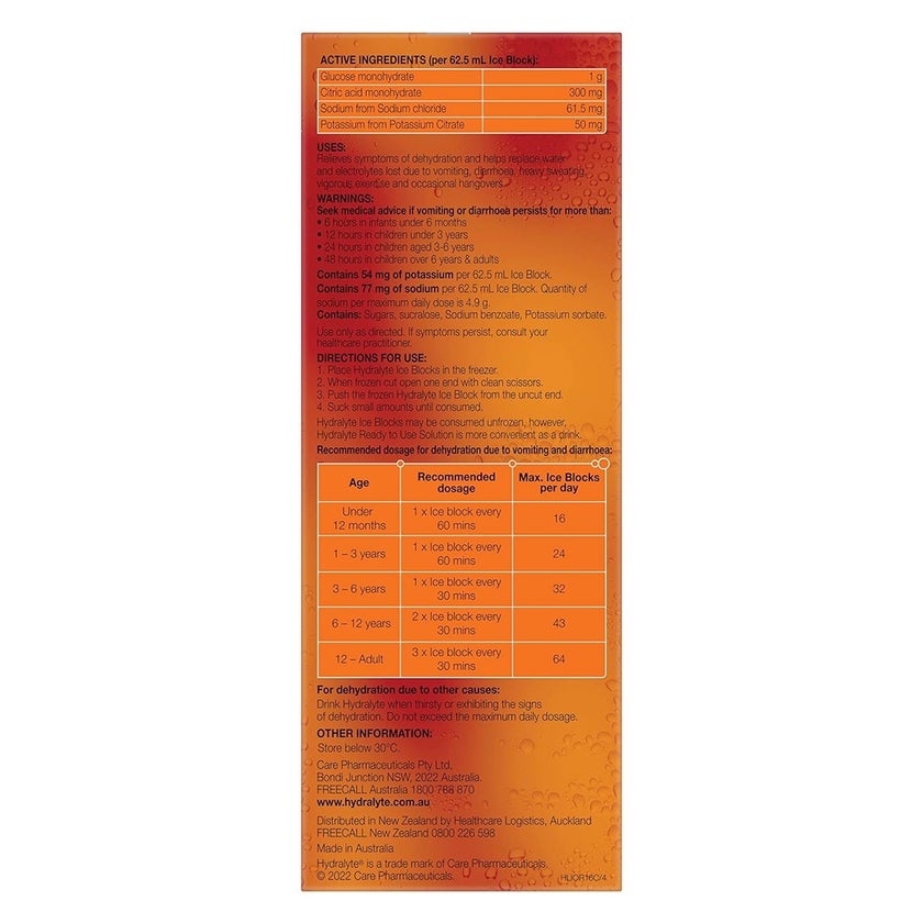 Hydralyte 62.5ml Electrolyte Ice Blocks For Dehydration, Orange Flavor, Pack of 16's