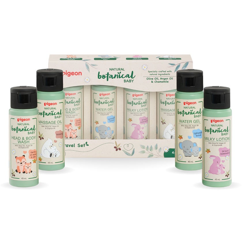 Pigeon Natural Botanical Baby Travel Set With Head & Body Wash, Water Gel, Milky Lotion & Massage Oil, Pack of 4 Pieces