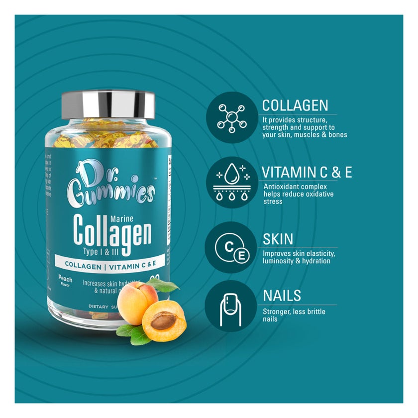 Dr. Gummies Marine Collagen Adult Gummies with Vitamins C & E, Pack of 60's