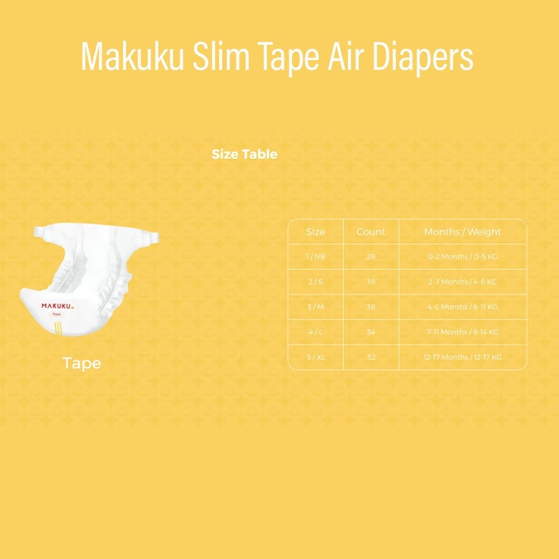 Makuku Slim Tape Air Diapers, Size 4, Large For 9-14Kg Baby, Pack of 204's