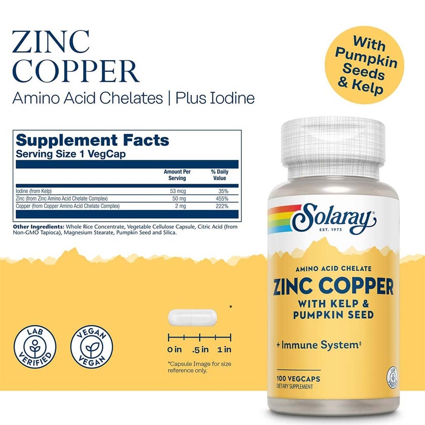 Solaray Amino Acid Chelate Zinc Copper Veg Capsules With Kelp & Pumpkin Seed For Healthy Immune System, Pack of 100's