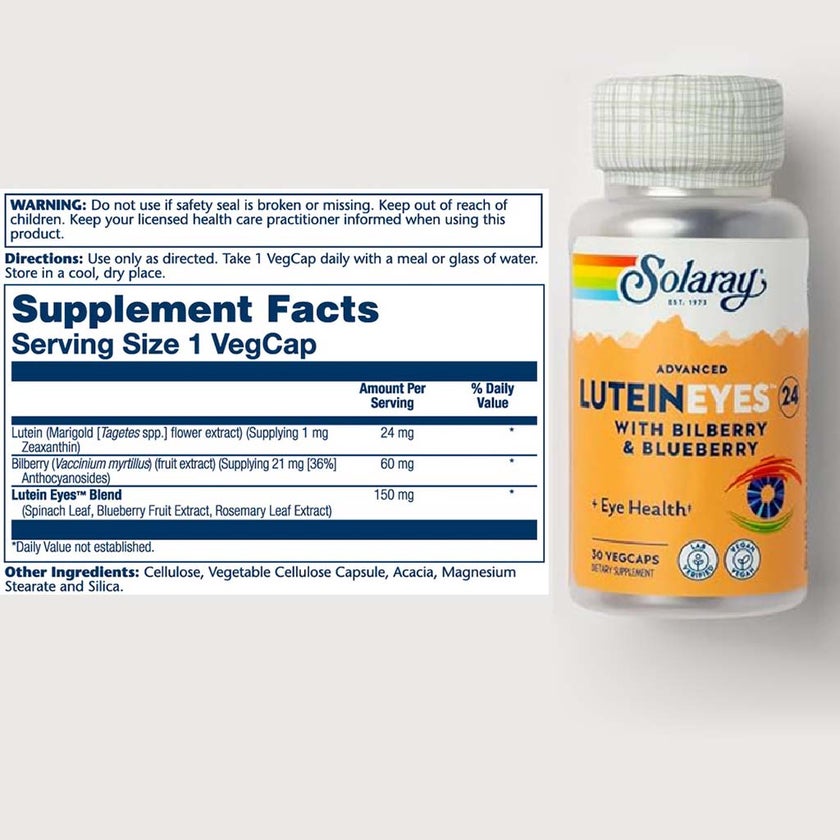 Solaray Advanced Lutein Eyes 24mg Vegetarian Capsules With Marigold, Bilberry & Blueberry For Eye Health, Pack of 30's