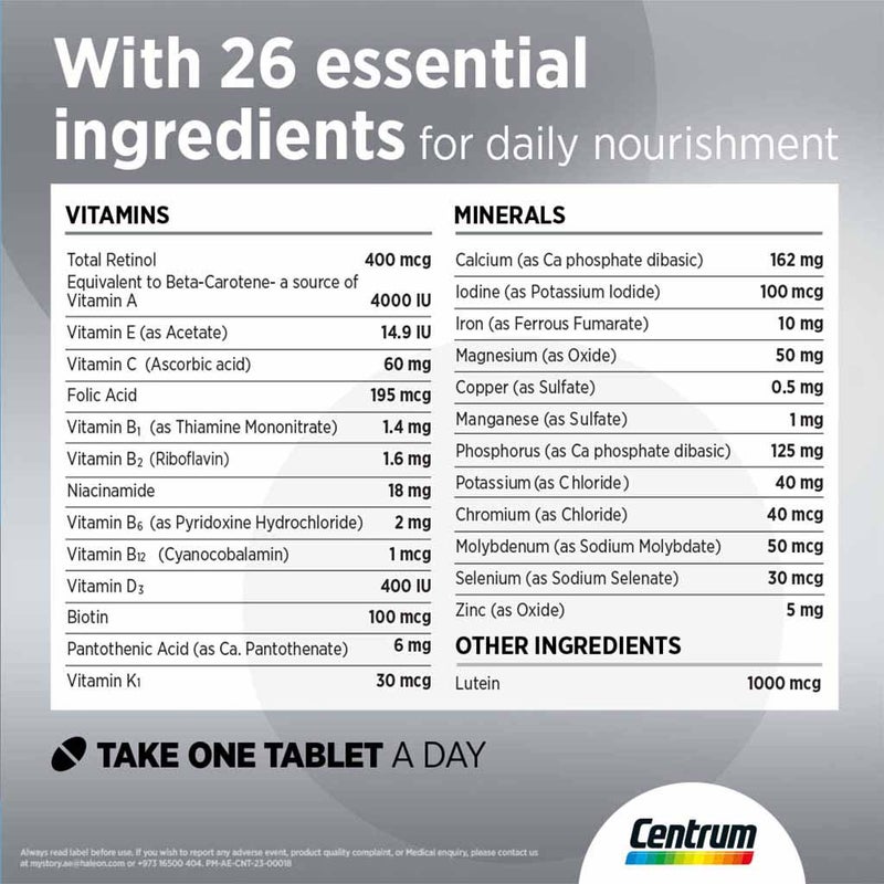 Centrum Silver With Lutein 50+ Adult Multivitamin Supplement Tablets, Pack of 30’s - 25% Off PROMO PACK