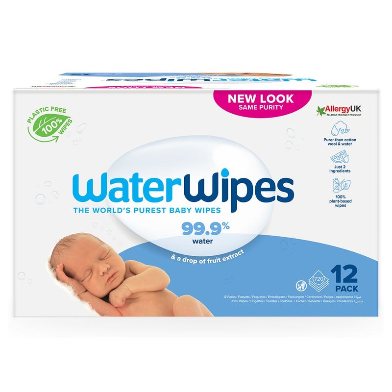 WaterWipes Original Plastic Free Baby Wipes, 12 Packs Each of 60 Unscented Wet Wipes