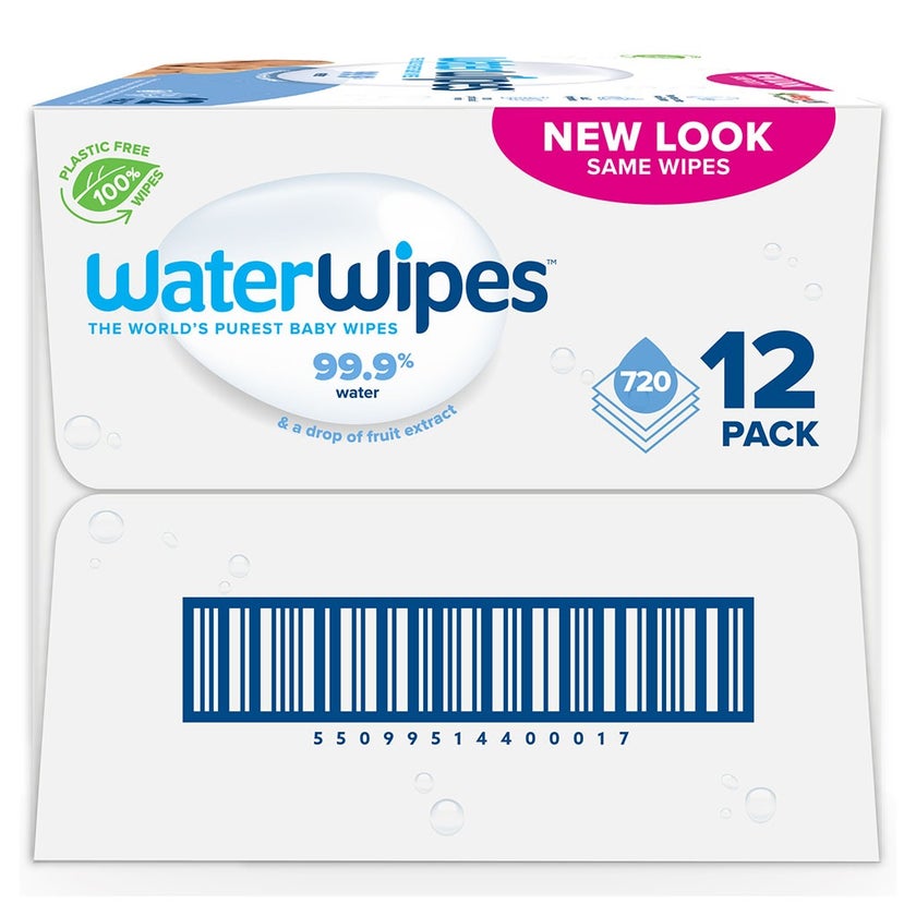 WaterWipes Original Plastic Free Baby Wipes, 12 Packs Each of 60 Unscented Wet Wipes