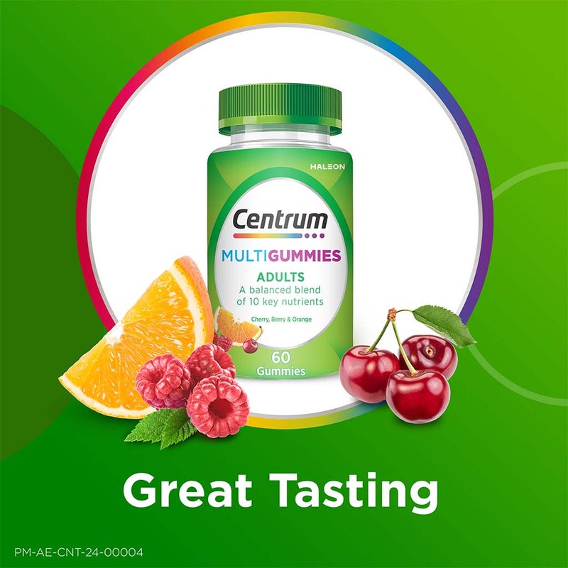 Centrum Adult Multivitamin Supplement MultiGummies Cherry, Berry, & Orange Flavor, Pack of 60's