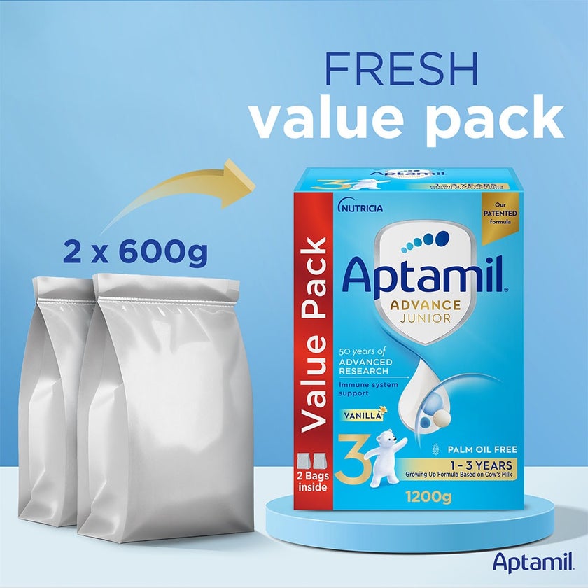 Aptamil Advance Junior Stage 3 Palm Oil Free Toddlers Milk Formula For 1 To 3 Years 1200g 