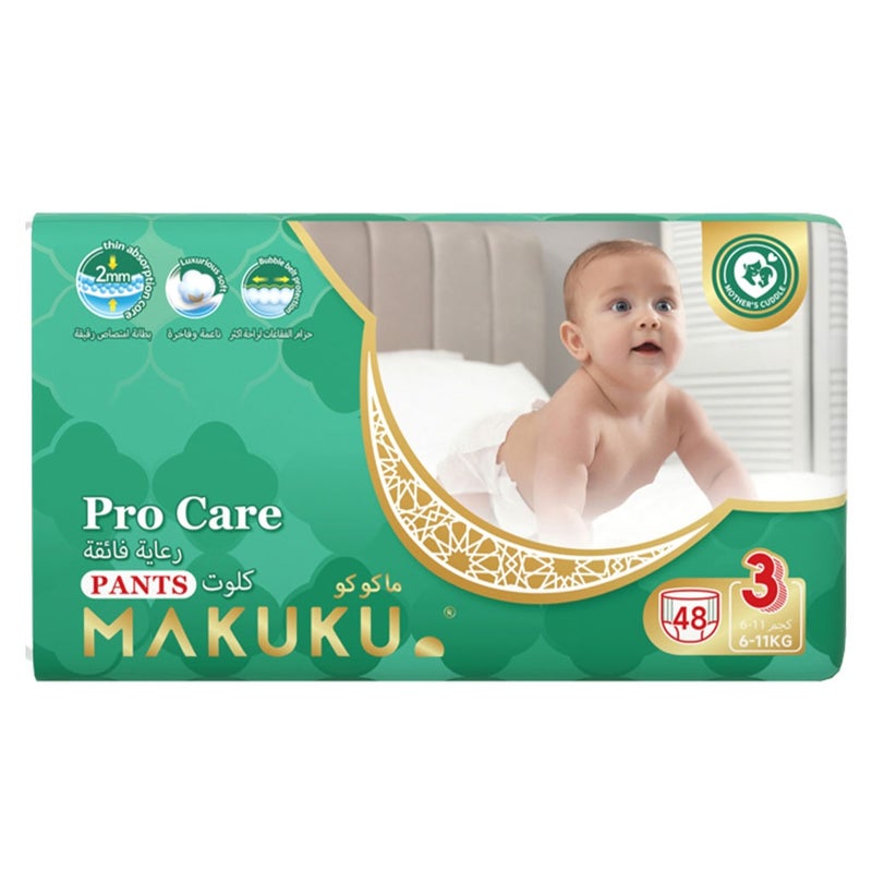 Makuku Pro Care Premium Baby Diaper Pants, Size 3, Medium For 6 To 11Kg, Pack of 48’s
