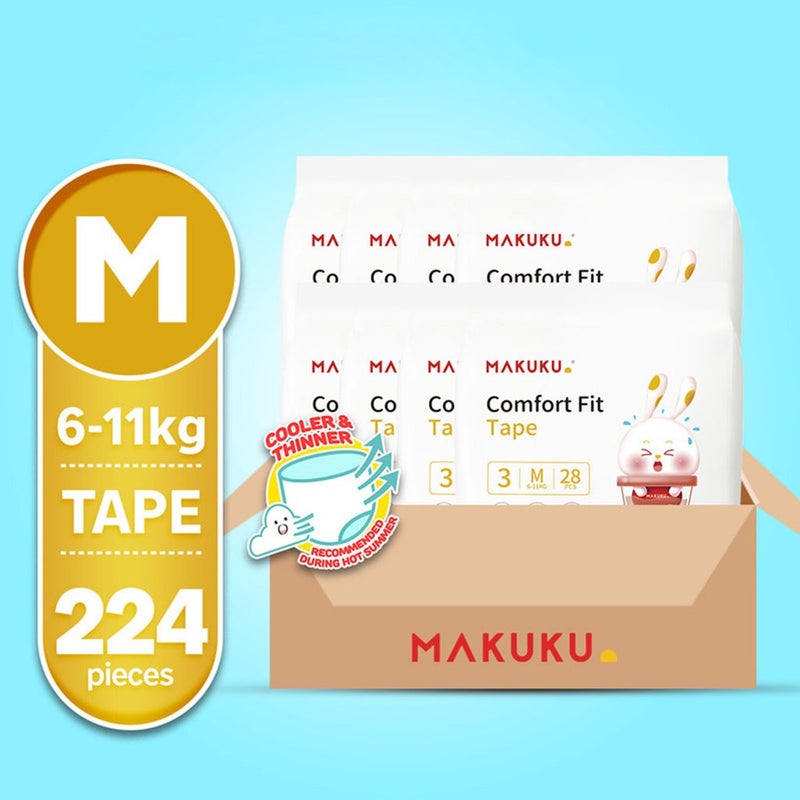 Makuku Comfort Fit Tape Baby Diapers, Size 3, Medium For 6 To 11Kg Baby, JUMBO PACK of 28x 8’s