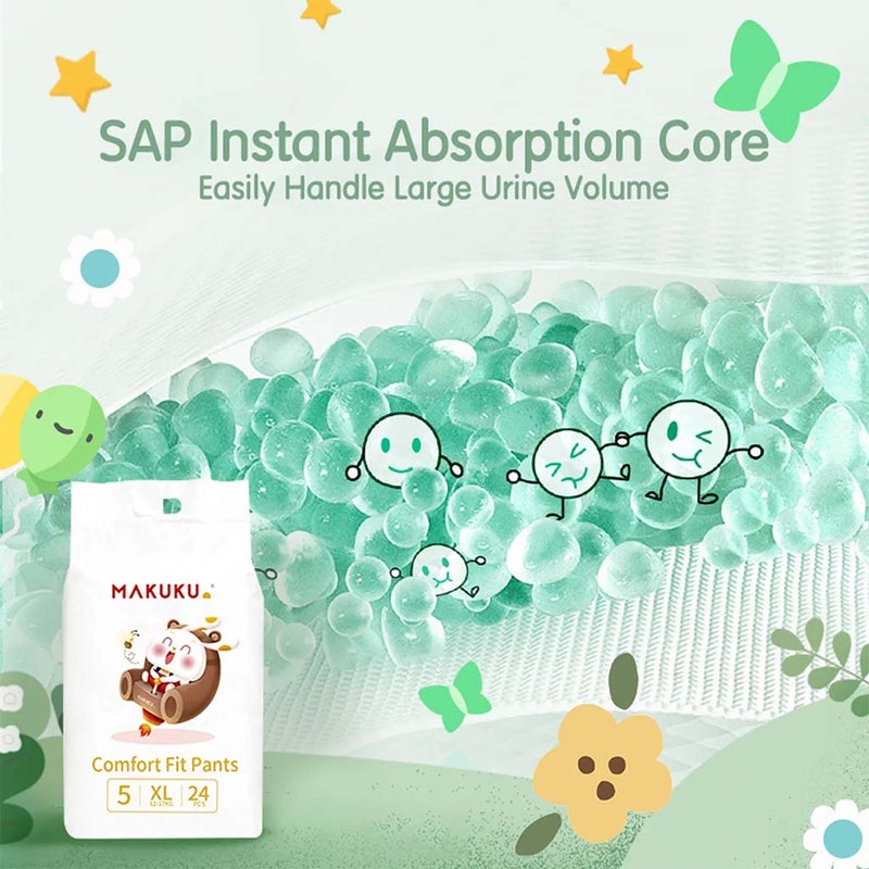 Makuku Comfort Fit Baby Diaper Pants, Size 5, Extra Large (XL) For 12 To 17Kg, JUMBO PACK of 24x 8’s