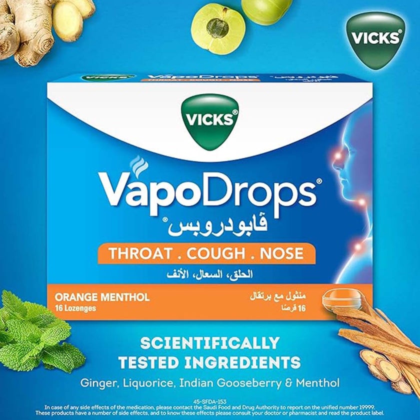 Vicks VapoDrops + Cough, Orange Menthol Flavored Lozenges For Sore Throat, Pack of 16's