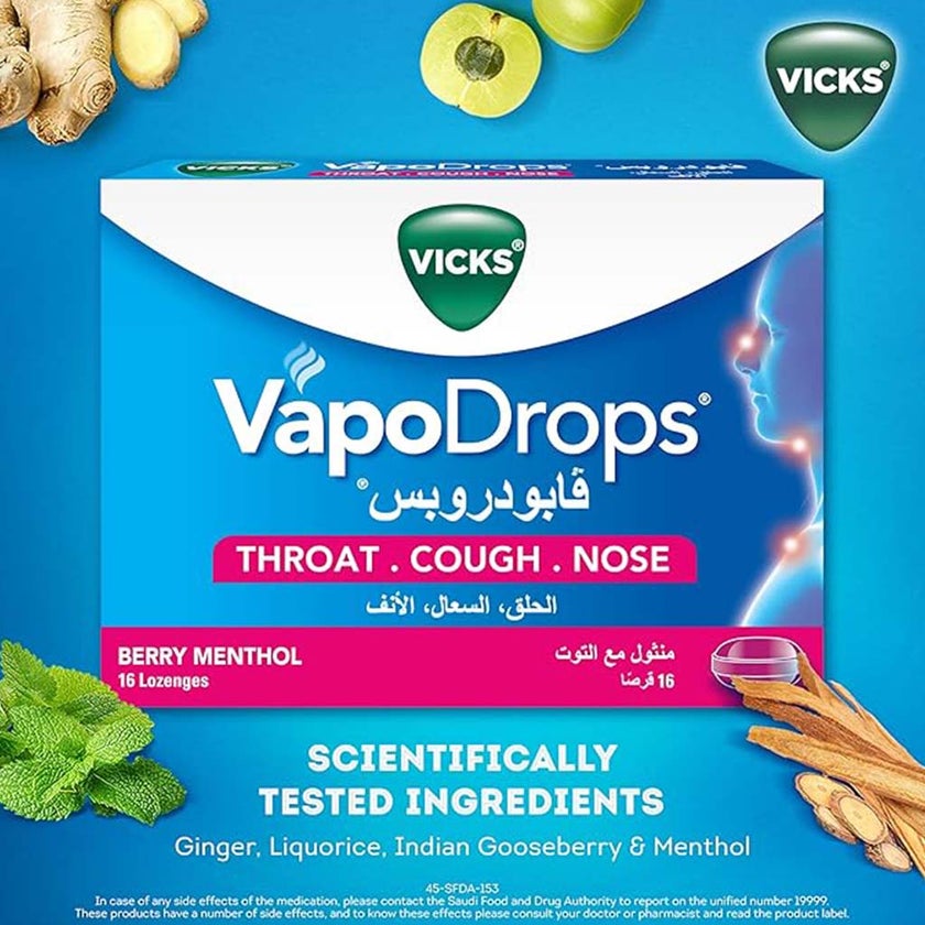 Vicks VapoDrops + Cough, Berry Menthol Flavored Lozenges For Sore Throat, Pack of 16's