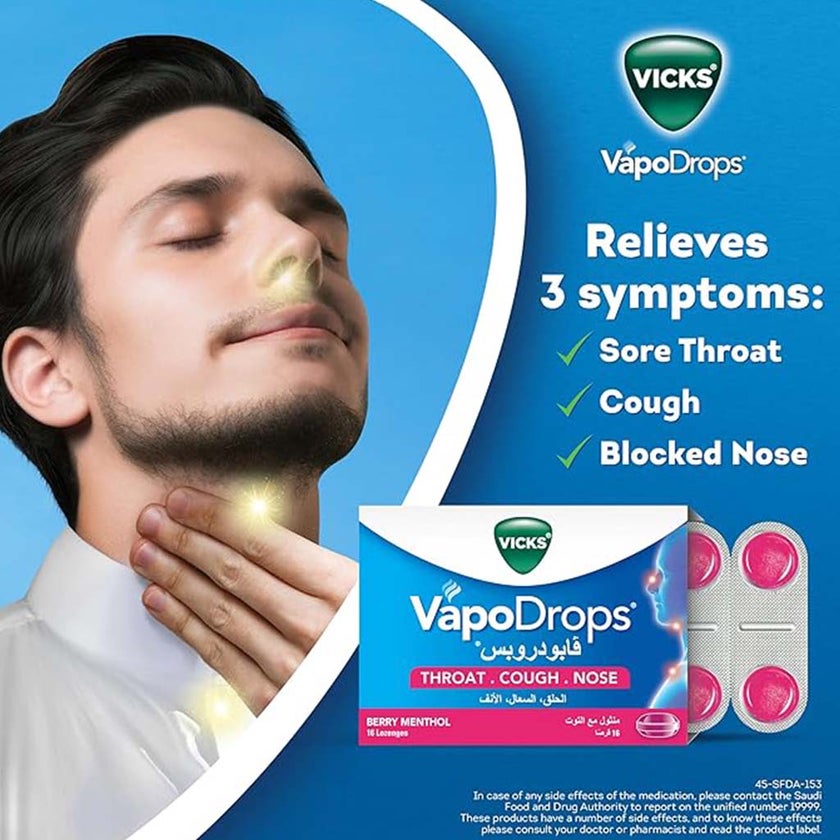 Vicks VapoDrops + Cough, Berry Menthol Flavored Lozenges For Sore Throat, Pack of 36's