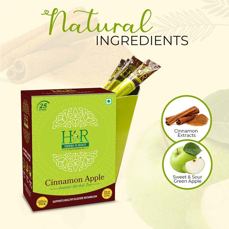 Herbs N Root Cinnamon Apple Instant Herbal Tea Sachets For Healthy Glucose Metabolism, Pack of 25's