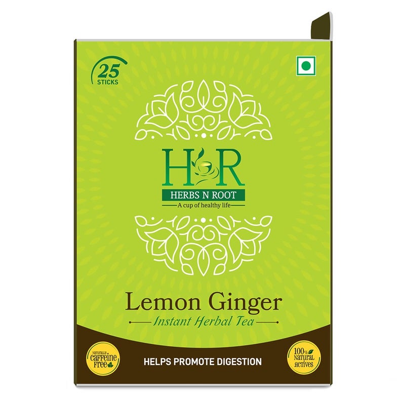 Herbs N Root Lemon Ginger Instant Herbal Tea Sachets For Digestive Support, Pack of 25's
