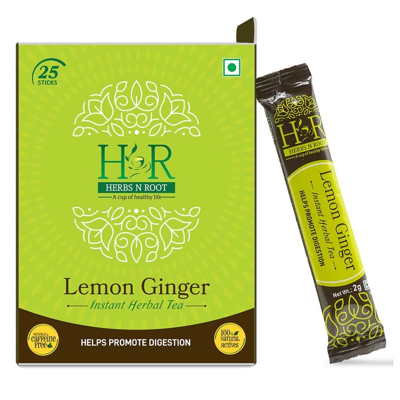 Herbs N Root Lemon Ginger Instant Herbal Tea Sachets For Digestive Support, Pack of 25's