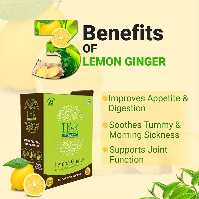 Herbs N Root Lemon Ginger Instant Herbal Tea Sachets For Digestive Support, Pack of 25's