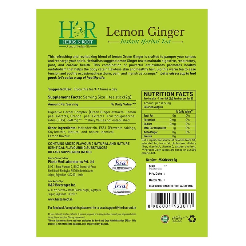 Herbs N Root Lemon Ginger Instant Herbal Tea Sachets For Digestive Support, Pack of 25's