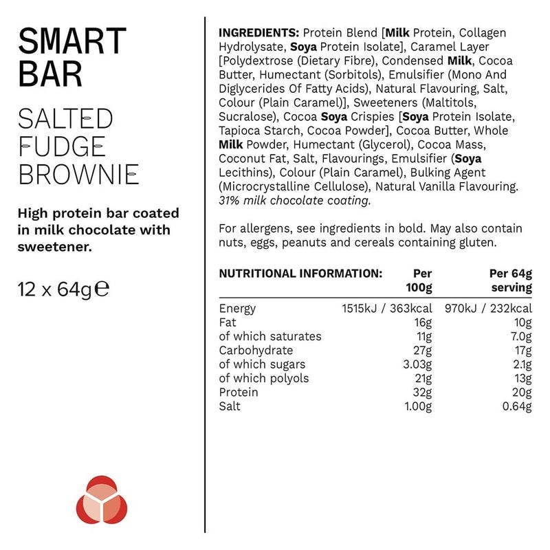 PhD Nutrition Smart Salted Fudge Brownie Flavoured Protein Bar 64g, Pack of 12's
