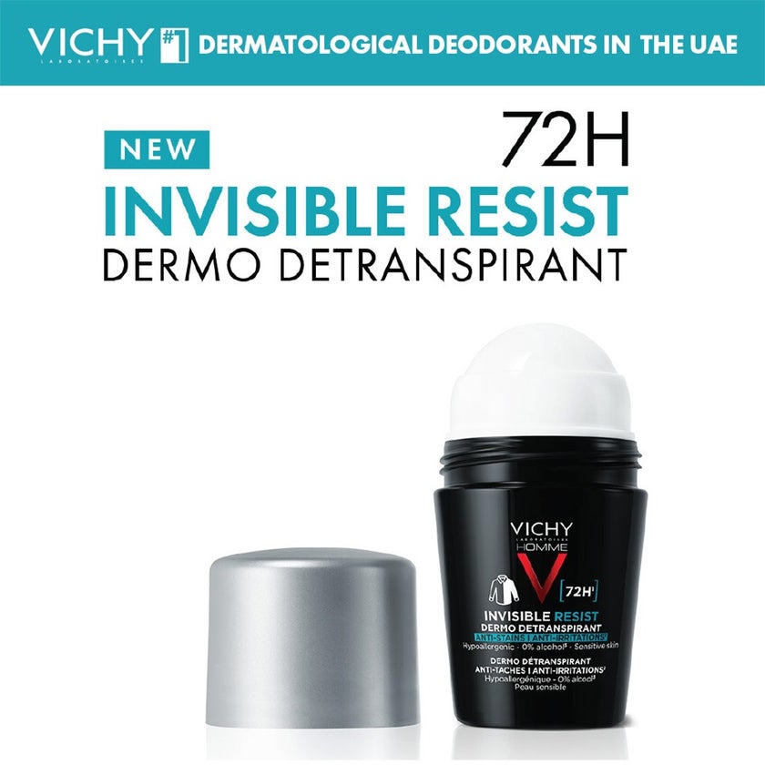 Vichy Homme 72 Hour Invisible Resist Dermo Detranspirant, Anti-Stains & Anti-irritation Deodorant Roll On For Men 50ml