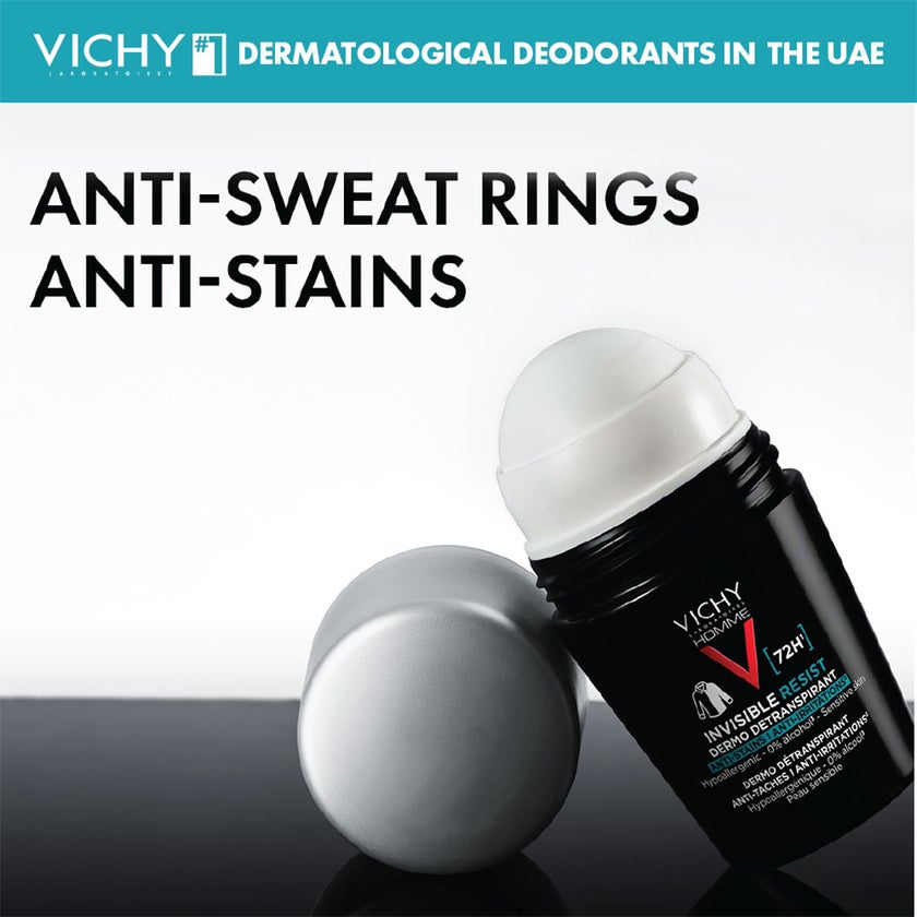 Vichy Homme 72 Hour Invisible Resist Dermo Detranspirant, Anti-Stains & Anti-irritation Deodorant Roll On For Men 50ml