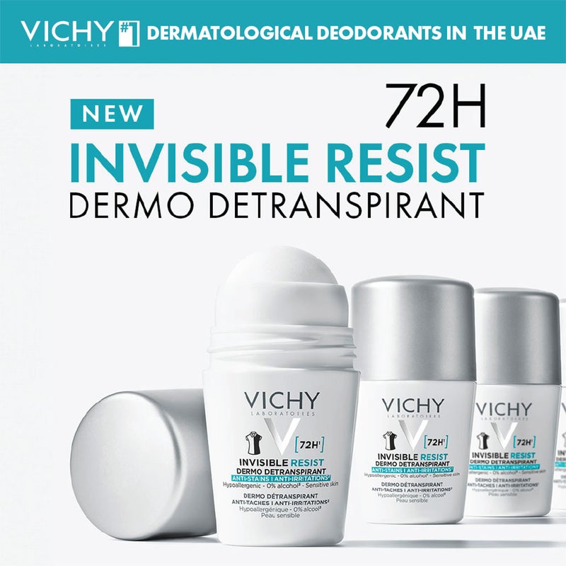 Vichy Homme 72 Hour Invisible Resist Dermo Detranspirant, Anti-Stains & Anti-irritation Deodorant Roll On For Women 50ml