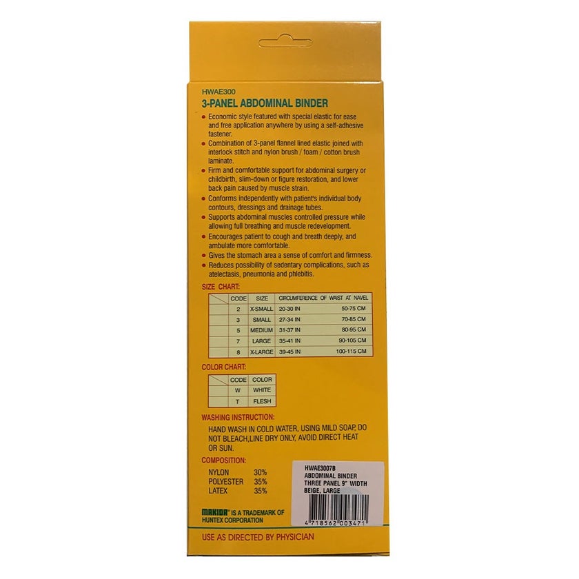 Makida 3-Panel Abdominal Binder HWAE3007B For Abdominal & Low Back Support, Size Large, Color -Beige 