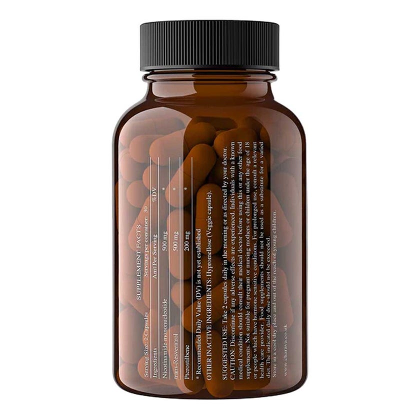 Charava NMN+, Resveratrol & Pterostilbene 1200mg Antiaging Supplement Capsules, Pack of 60’s