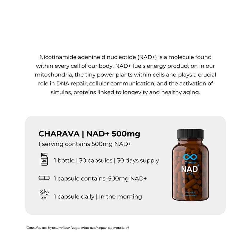 Charava NAD+ 500mg Antiaging Supplement Capsules, Pack of 30's