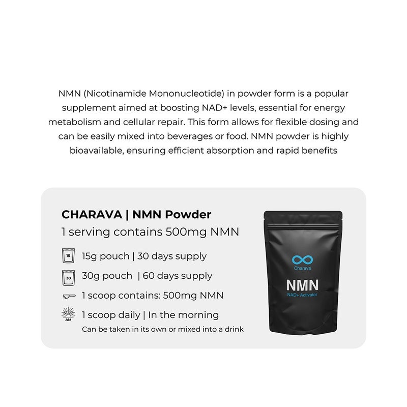 Charava NMN Antiaging Supplement NAD+ Activator Powder 30g - 60 Servings 