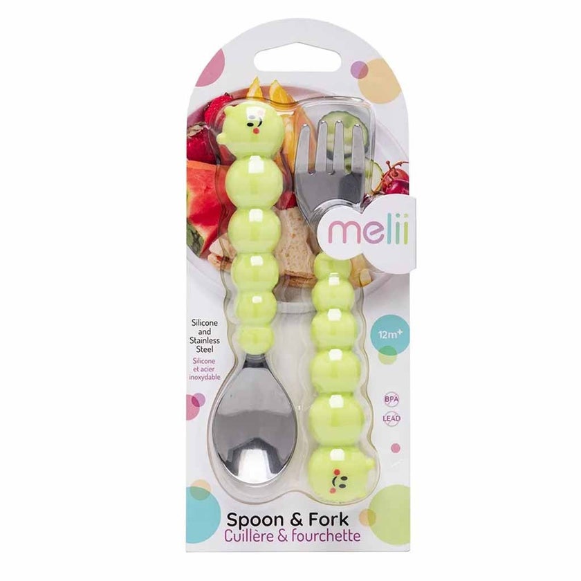 Melii Silicone & Stainless Steel Caterpillar Baby Feeding Spoon & Fork Set